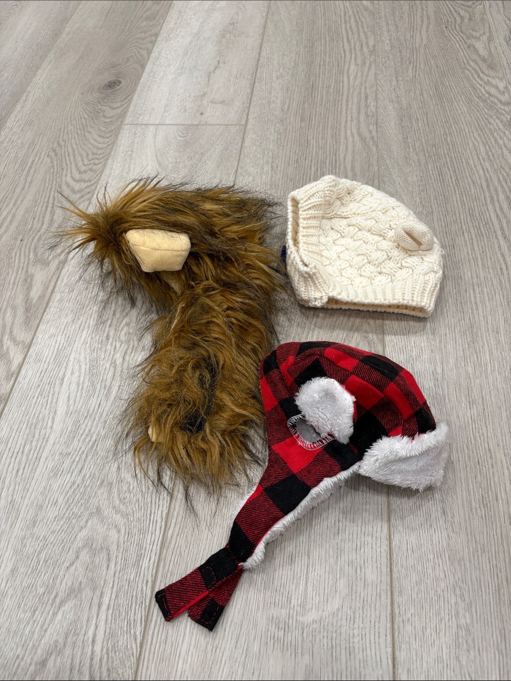 Cozy Winter Hat Trio - Faux Fur, Cable Knit & Red Buffalo Plaid dog fits M dog